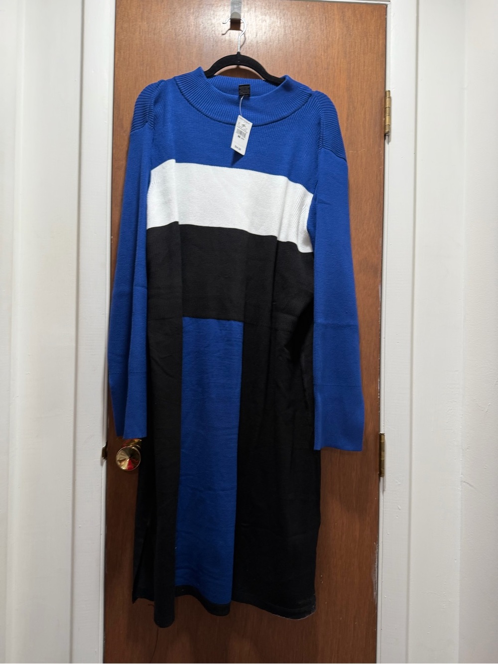 Ashley Stewart Blue, Black & White Colorblock Crewneck Sweater Dress
